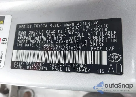 2010 Toyota Matrix z USA, uszkodzony, nr VIN 2T1KU4EE2AC358703
